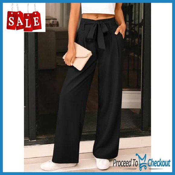 Wide Leg Paperbag Waist Dress Pants Women's Business Casual Trousers - Picture 3 of 8